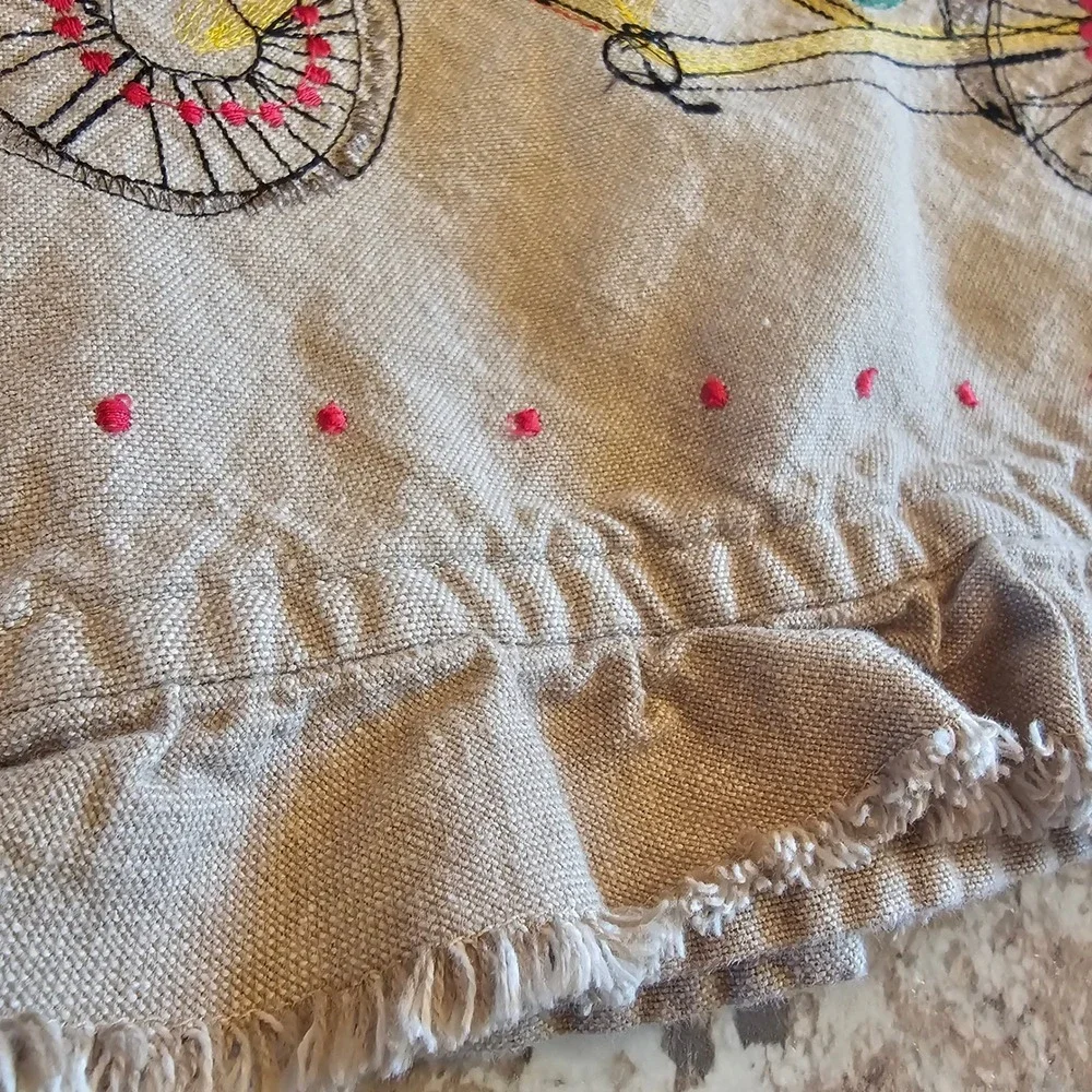 Embroidered‎ Monkey Bicycle Whimsical Kitchen Beige Dish Towel Cotton Ruffle